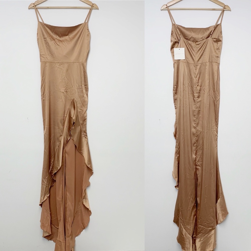 Abyss by Abby Japonais Satin Ruffle Gown Rose Gold Maxi Dress Sz S NWT - Picture 3 of 11